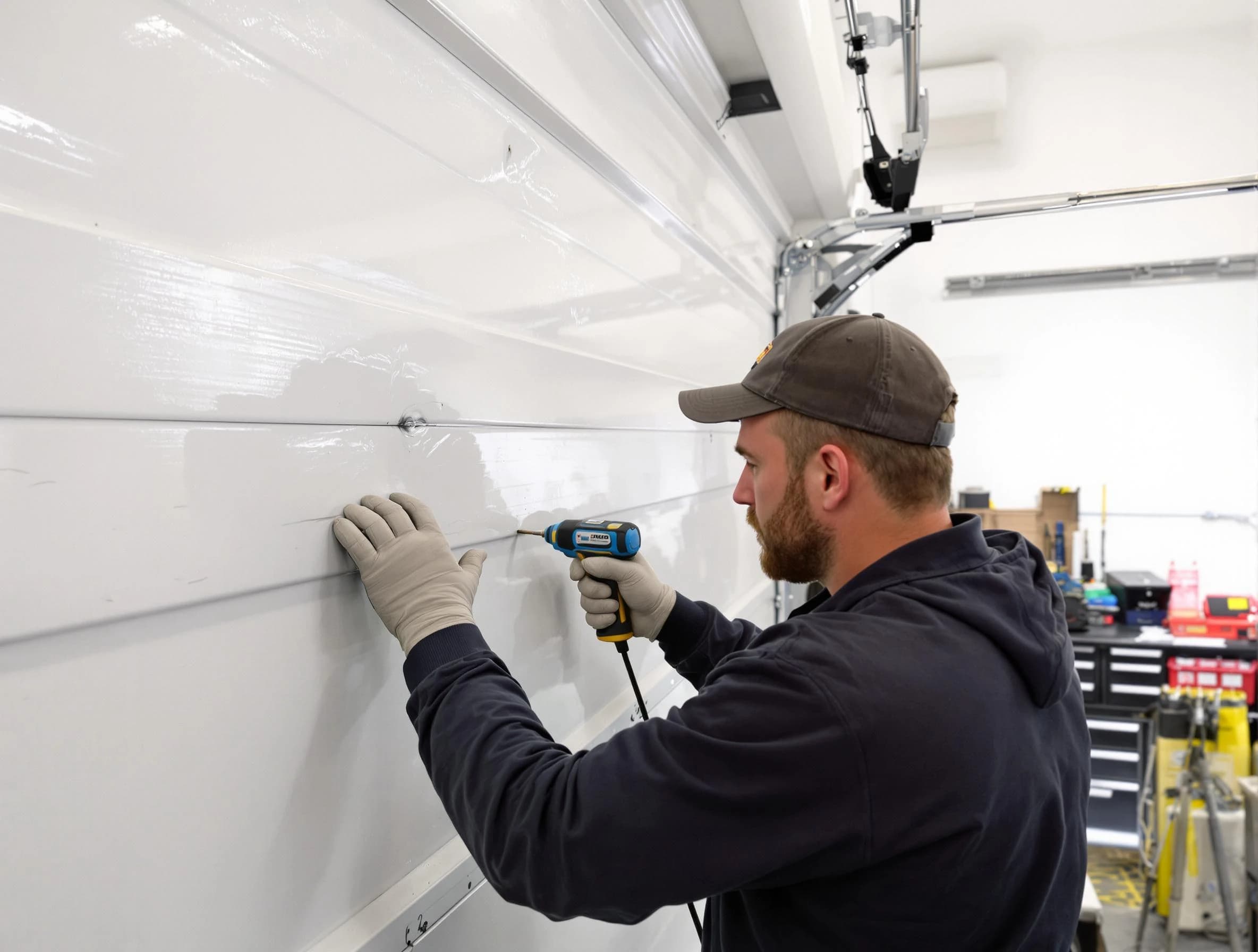 Salt Lake City Garage Door Repair technician demonstrating precision dent removal techniques on a Salt Lake City garage door